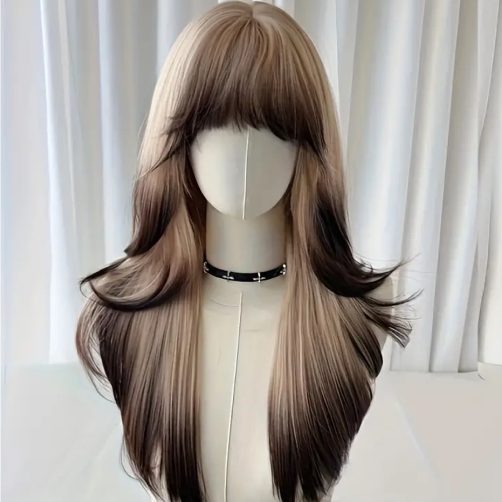 Ombre Long Straight Hair Wig with Bangs - Gradient Golden Black to Black Brown